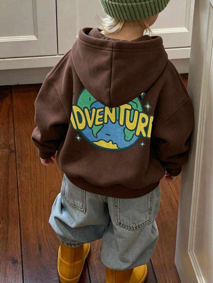 Young Boy 1pc Thermal Lined Thick Warm Hooded Sweatshirt, Children's Long Sleeve Top For Autumn/Winter - Brown - View 1