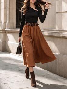 Elegaris Women Fall Faux Suede Midi Skirt Elastic High Waist Pleated A‑Line Flowy Swing Skirt, Belt Not Included - Burnt Orange - View 10