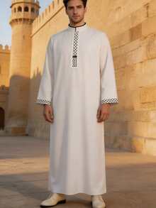 Arabian Style Long Men's Fashion Casual Embroidered Elegant Commute Versatile Daily Wear Long Sleeve Robe. Traditional Holiday Attire, Traditional Arabian Men's Robe, Breathable Loose Robe, Suitable For Eid, Ramadan And Daily Wear - White - View 4
