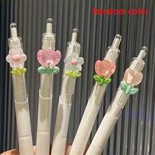 3 Pieces Of Retractable Flower-Pattern Ballpoint Pens, With A Romantic Tulip Design. Quick-Drying Black Ink. 0.5mm Fine Tip. Smooth Writing. Suitable For Keeping Diaries And Sketching. Must-Have For School Start. Random Patterns. - Multicolor - View 5