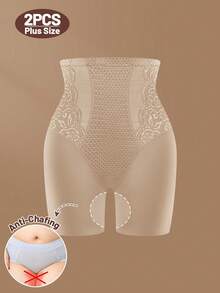 MEIYATING 2pcs Plus Size Women's High Waist Tummy Control Panties, Plus Size Plus Fat, Hipster Safety Shorts, Mesh Breathable Lace Trim, Summer Breathable Holes, Body Shaping Leg Sculpting - Apricot - View 7