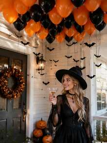 43pcs/Set Halloween Ceiling Decoration Set, Includes Orange & Black Latex Balloons, Bat Stickers, Birthday, Holiday, Costume Party, Bachelor Party - Multicolor - View 7