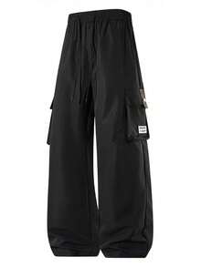 Celana Panjang Pria Hitam Model Kargo dengan Kancing Lipat, Potongan Lebar, Tali Serut, Pinggang Elastis, Saku, Potongan Longgar, Kasual, Olahraga. - Hitam - View 3