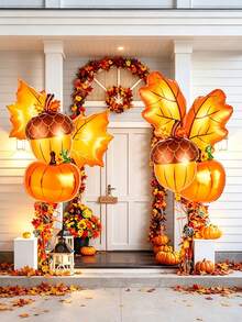9pcs Orange Maple Leaf & Acorn Shaped Foil Balloons, Photography Backdrop Decoration, Suitable For Thanksgiving, Harvest Festival, Autumn Birthday, Indoor Kitchen & Outdoor Porch Home Party Decor - A - View 3