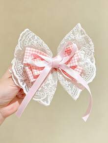 1pc Cute Lace Bow Hair Clips For Kids Girls Pink Plaid Ribbon Barrettes Sweet Hair Accessories Daily Decor - Multicolor - View 2