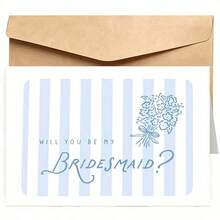 Bridesmaid Greeting Cards, Light Blue Striped Bridesmaid Proposal Card With A Hand Drawn Bouquet, Printed Elegant Stripes Bridal Party Proposal Cards, Bridesmaid Invitations - Multicolor - View 4