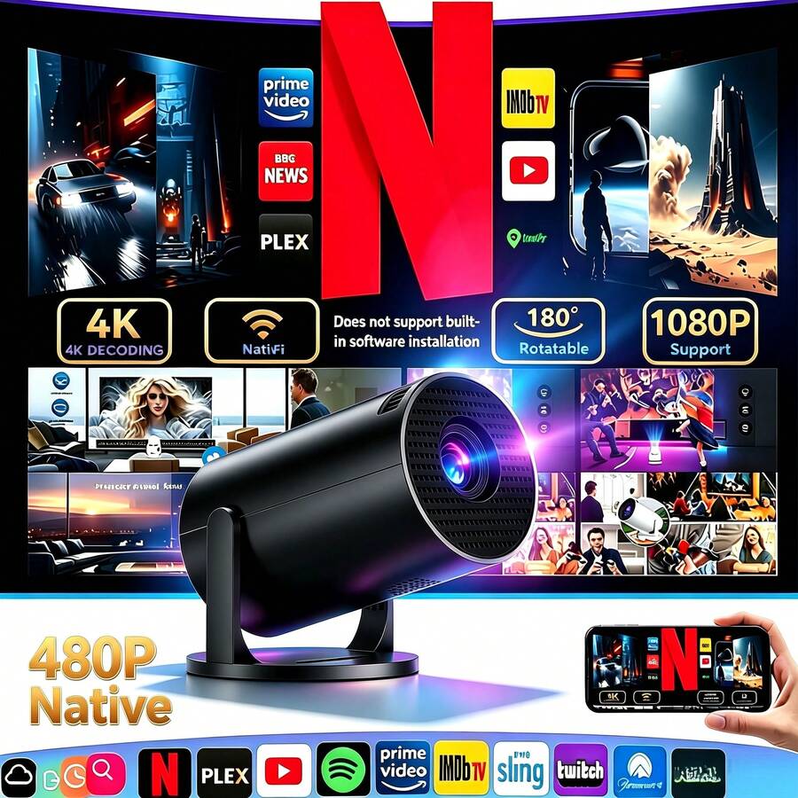 Portable Mini Smart HD Movie Projector, Native 720*480P Resolution, Supports 4K Video Playback, 180° Rotatable Design, WiFi Wireless Screen Mirroring Compatible With Phones & Tablets, Indoor Outdoor Home Theater Projector