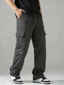 Men's Spring/Autumn Multi-Pocket Cargo Pants, Solid Color Loose Fit Fashion Sports Casual Long Pants - Grey - View 6