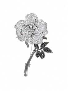 1pc Women's Brooch, Shawl, Cheongsam, Scarf, Square Scarf Accessory, Elegant High-End Women's Brooch, Rhinestone Rose Design - Silver - View 7