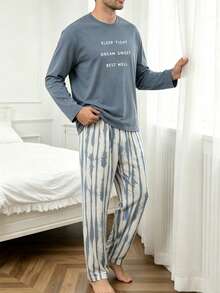 Men's 2 Pieces Pajama Set, Autumn/Winter Crew Neck Letter Print Top & Abstract Striped Print Long Pants, Casual Loungewear - Multicolor - View 4