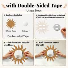 1Pc Sun Shape Wooden Frame Acrylic Mirror Wall Sticker, Boho Decorative Mirror Wall Decal For Living Room Bedroom Bathroom Home Wall Art Decor - Brown - View 6