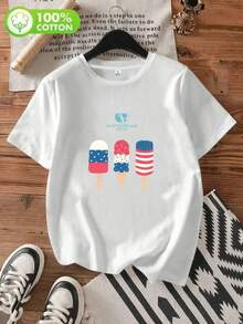 Ladies Cotton Heat Transfer Printed Tee, Round Neck Short Sleeve Casual Top For Summer And Autumn - 白色 - 查看 5