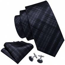 黑色格紋領帶口袋巾袖扣領帶夾4件組，適合日常辦公穿著與內部部門重要會議 - 黑色 - 查看 2