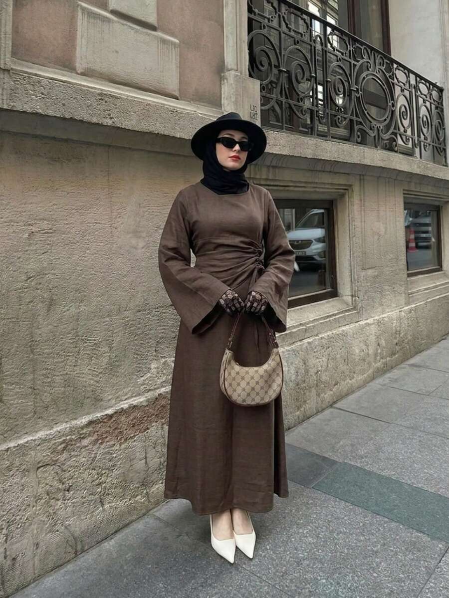 1pc Set (Excluding Headscarf) Elegant Drawstring Fashion Abaya Modest Long Dress, Skin-Friendly Comfortable For Party, Wedding, Ramadan - Brown - View 1