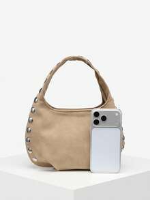 1pc Women's Vintage Rivet Faux Suede Pleated Crescent Shoulder Bag, Suitable For Street, Date, Commute - Khaki - View 6