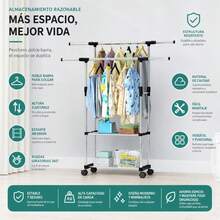 Double Rail Stainless Steel Garment Rack With Wheels And Adjustable Height, Extendable Clothes Drying Rack With Bottom Shoe Shelf, Bedroom And Balcony Organizer - A - 查看 7