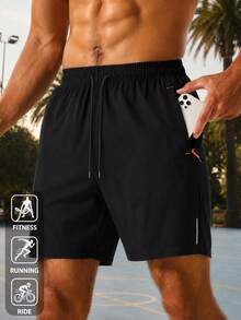 Plus Size Men's Comfortable Printed Shorts With Adjustable Elastic Waistband, Drawstring And Zipper Pockets Sports - Black - View 2