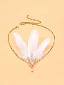 1pc 1920s Flapper 3 White Feather Headband With Rhinestone & Pearl Dangle Pendant, Gatsby Women's Evening Party Headpiece - Rhinestones - View 11