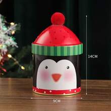 2pcs Christmas Storage Jars, Metal Decorated Penguin & Snowman Cute Red Top Fluffy Lid, Gift Storage Box - Multicolor - View 9