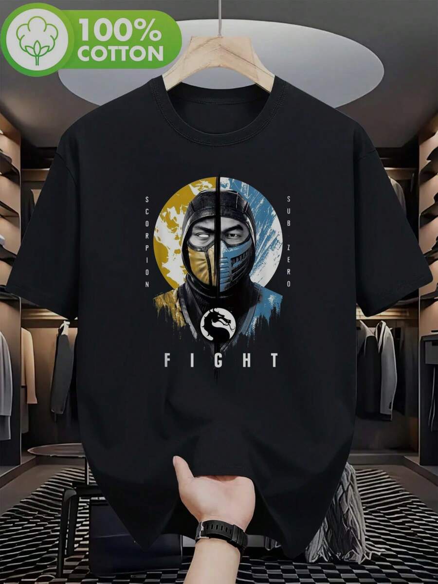 Men's Scorpion Vs Sub-Zero Gaming T-Shirt - Iconic Face Off Design With FIGHT Text, Lightweight Tee Suitable For Gaming Events & Casual Wear - Iconic - 黑色 - 查看 1