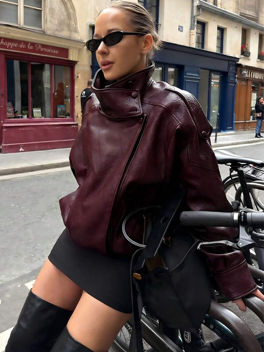 Women's Casual Elegant Black Faux Leather Jacket, High Collar Loose Fit, Office Wear, Street Style, Holiday Vacation Style, Spring Autumn Winter Fall - Burgundy - View 1