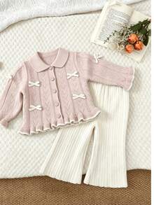 WUHUANG YIYI 2pcs/Set Baby Girls Cute Collar Handmade Bowknot Decor Ruffle Sleeve Solid Color Sweater Top & Pants Set, Loose Fit For Daily Wear, Autumn/Winter - وردي - مشاهدة 1