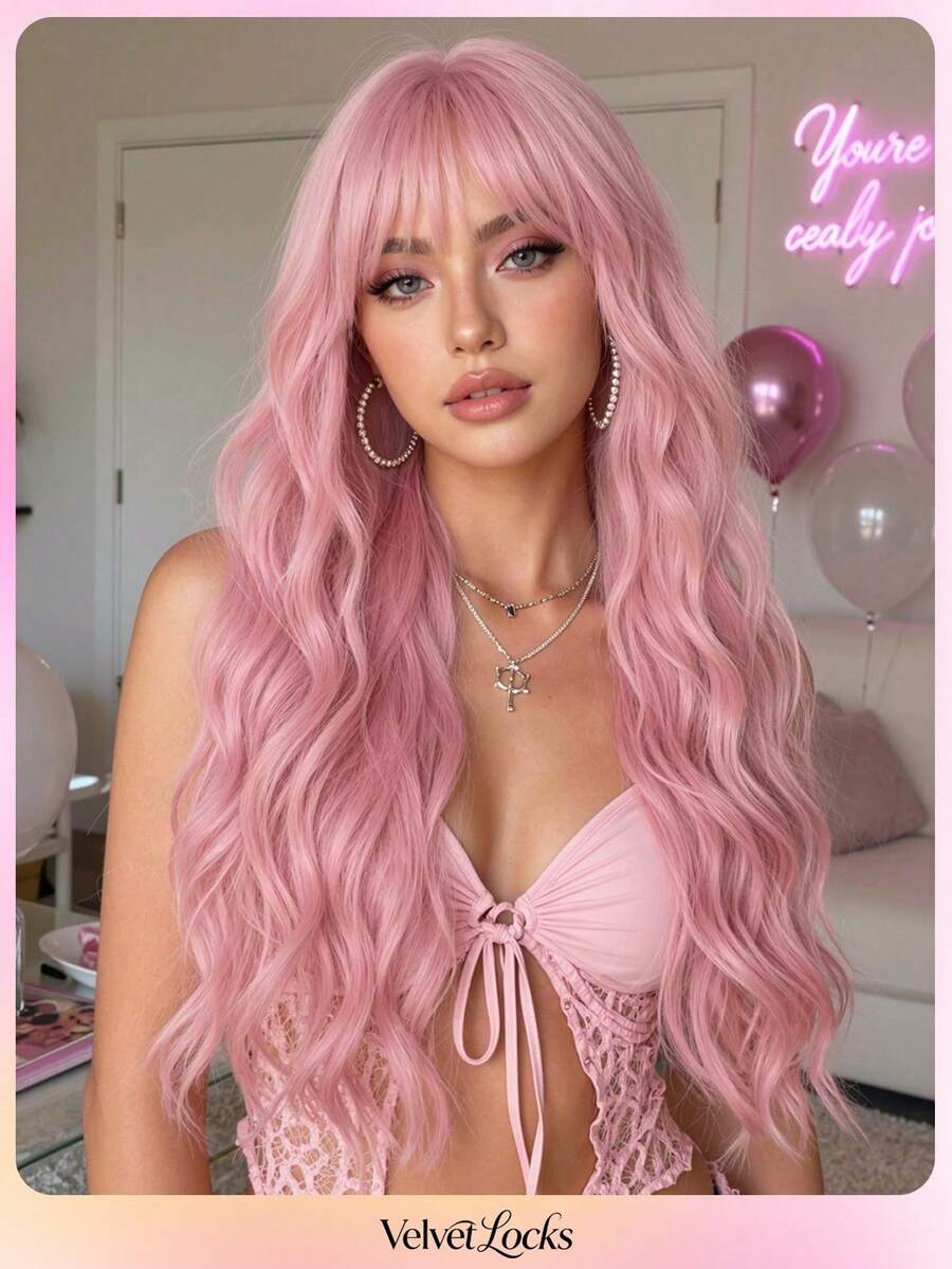 [Velvet Locks] Kostum Halloween Wig Keriting Panjang Pink 28 Inci dengan Poni, Rambut Sintetis Tahan Panas, Gaya Wanita, Sempurna untuk Halloween, Pesta, Cosplay - Berwarna merah muda - View 1