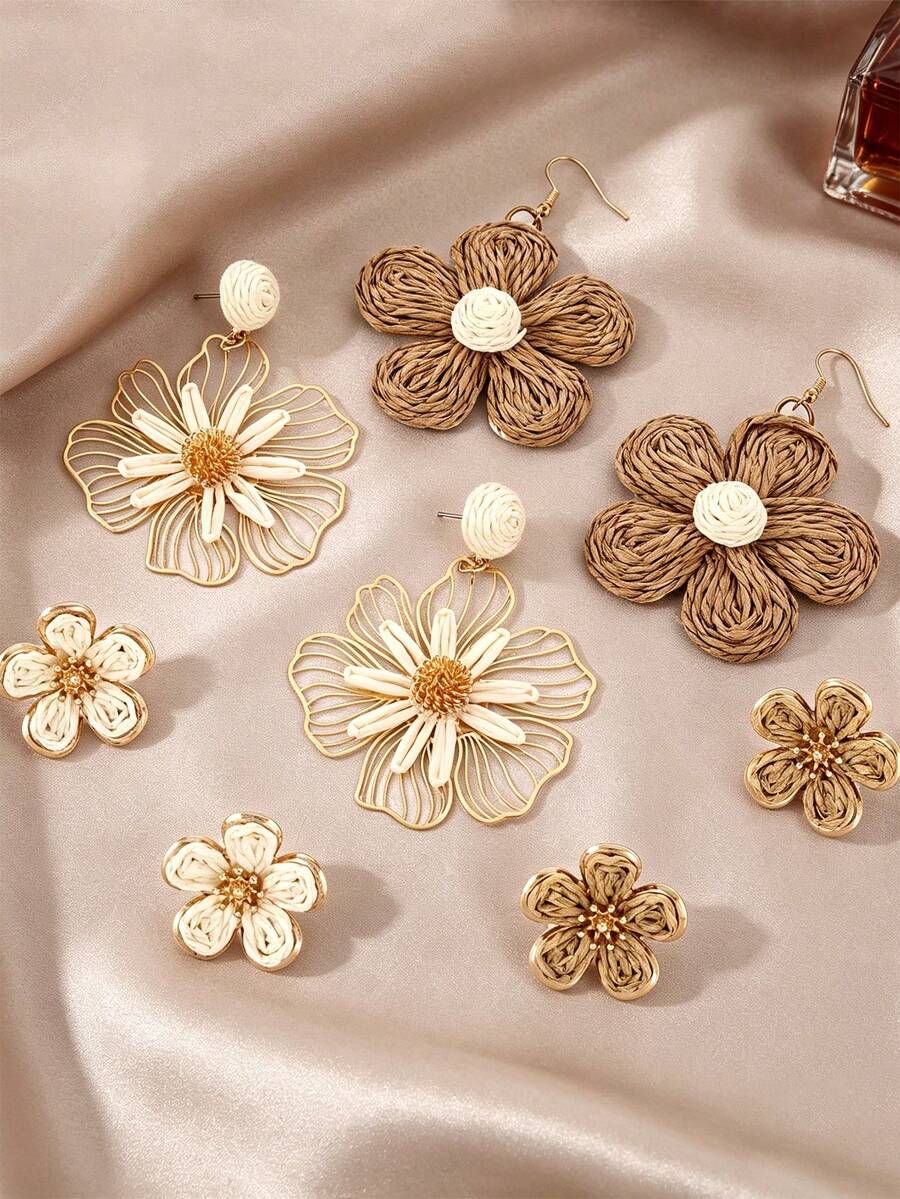 Yanxyad 1/4Pairs Cute Raffia Woven Flower Earrings, Boho Floral Drop Stud Earrings For Women, Summer Beach Vacation Jewelry Gift - Brown - View 1