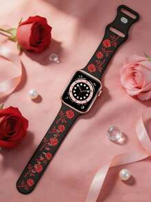 1條玫瑰雕花相容錶帶 41mm 40mm 44mm 45mm 42mm 38mm 49mm 46mm 女款，浪漫精緻花卉錶帶，柔軟矽膠運動錶帶，相容於 Series SE 11 10 9 8 7 6 5 4 3 2 1 Ultra，時尚玫瑰智慧手錶錶帶 - 黑色配紅玫瑰 - 查看 4