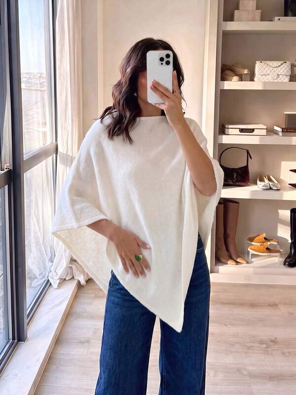 Fall Winter Women Sweaters Y2K Boho Cream White Asymmetric Hem Knit Poncho Sweater Boat Neck Loose Batwing Sleeve Top Resort Outfits