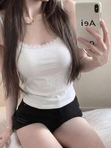 極簡性感風女款蕾絲拼接細肩帶背心上衣，不可調肩帶，休閒白色 - 白色 - 查看 5