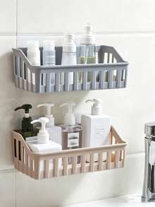 1pc No-Drill No Damage Bathroom Storage Rack Plastic Wall-Mounted Shelf Kitchen Organizer Basket Multi-Function Toiletries Holder - A - View 1