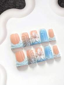 10片裝極簡風手工穿戴甲 Polygel 凝膠美甲套組，手繪花卉圖案，水滴形，藍白配色，時尚風格，附美甲工具，3種尺寸可選，杏仁甲、鴨嘴甲、棺材甲，適用派對、舞蹈、日常穿戴 - 彩色 - 查看 12