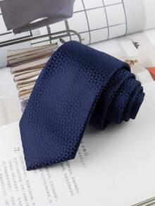 ZLQ&GOU 1 PC Navy Blue Men's Polyester Tie With Geometric Dark Pattern Design, 7cm Wide Jacquard Necktie, Business Casual Neck Accessory - Navy Blue - View 6