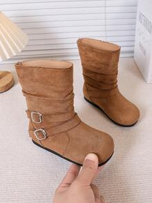 Mid-Calf Flat Boots For Older Children Students, Fashion Pleated Boots - Brown - View 6