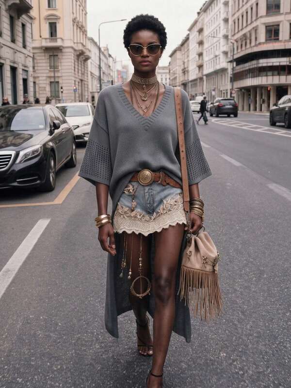 Women's Fall Winter Dark Gray V Neck Openwork Knit Sweater Oversized High Low Hem Half Sleeve Casual Loose Daily Layering Top