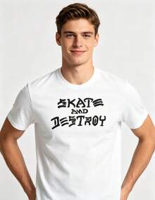 White Crew Neck Bold Street Letter Print Unisex Daily Skate Culture Tops Lightweight Basic Cotton Fashion Top - 白色 - 查看 2