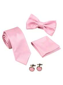4pcs Men's Business Fashion Versatile Solid Color Polyester Tie & Three-Fold Bow Tie & Pocket Square & Cufflinks Set Suitable For Wedding, Celebration And Daily Wear - Baby Pink - View 2