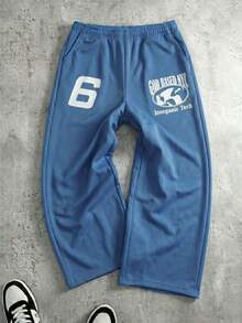 Men's Printed Casual Sweatpants, Loose Straight Leg Sports Pants, Streetwear Letter Design, Comfortable Versatile Slimming Long Pants - Blue - View 7