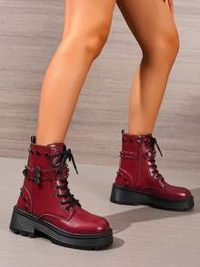 Women's Red Punk Studded Ankle Boots, Thick Sole Lace-Up Buckle Workwear Motorcycle Boots, Autumn/Winter - Burgundy - View 4