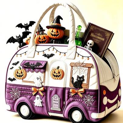 1pc Halloween Ghost Bus New Novelty Tote Bag, Valentine's Day Gift, Quilted Handbag, Multifunctional Sports Fitness Bag, Short Trip, Bus Series Travel Bag, Fashion Print Women's Yoga Bag, Handbag, Suitable For Outings, Travel, Vacation, Beach