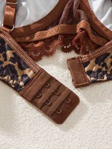 Women's 2-Piece Coffee Leopard Print Lace Floral Lingerie Set, Includes Soft Short Sleeve Pajama Top And Thong - Coffee Brown - View 7