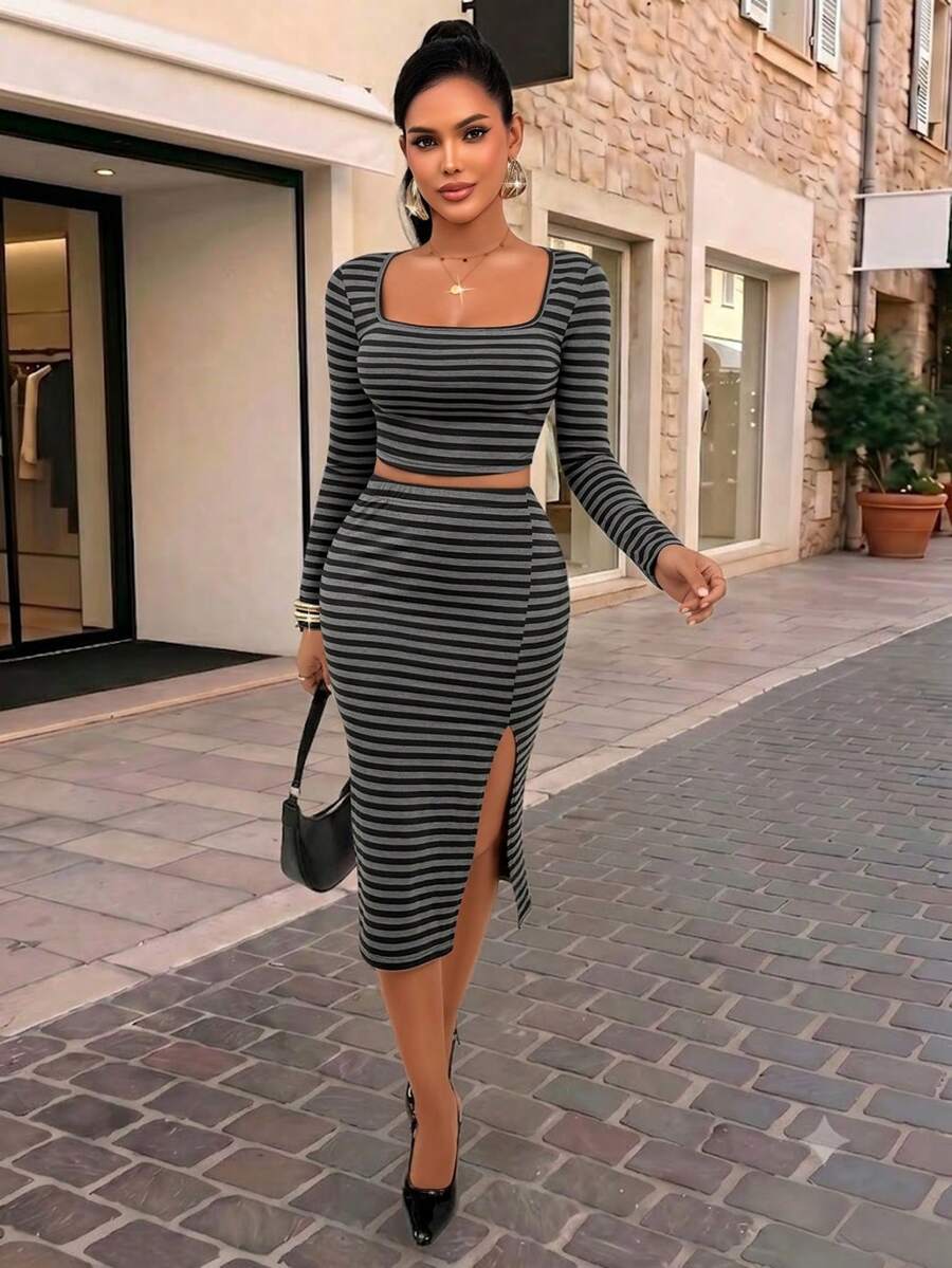 Elegant Sexy Women's Striped Slim Fit 2 Pieces Set, Square Neckline With Slit Design, Suitable For Casual Style - Black and Gray Stripes - View 1