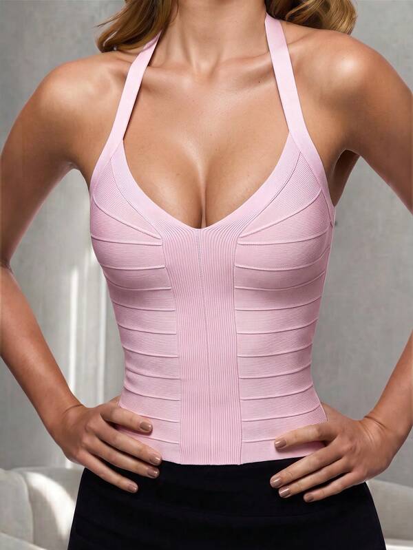 Y2K Pure Pink Bandage Knit V-Neck Halter Crop Top, Women's High Elastic Slim Fit Sleeveless Bralette, Bandage Style Party Outing Summer Top