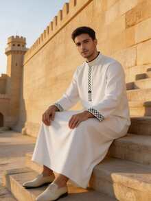Arabian Style Long Men's Fashion Casual Embroidered Elegant Commute Versatile Daily Wear Long Sleeve Robe. Traditional Holiday Attire, Traditional Arabian Men's Robe, Breathable Loose Robe, Suitable For Eid, Ramadan And Daily Wear - White - View 5