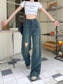 American Style Distressed Denim Jeans Women's Summer Design Vintage Loose Slouchy Wide Leg Long Pants - Blue - View 5