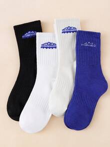 4 Pairs Random Men's Socks, Mountain Peak & Letter Embroidery Mid-Calf Socks, Solid Color Unisex Vertical Stripe Outdoor Casual Sports Socks - Multicolor - View 4