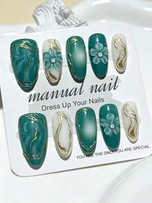 10pcs 3D Gold Embossed Decorative Nail Stickers Y2K Style Almond Shaped Nail Art Supplies - 薄荷綠 - 查看 4
