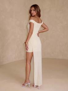 COLYSMO Off Shoulder Maxi Dress For Women Ruched High Slit Bodycon Long Evening Gown Cream White - Apricot - View 2
