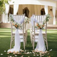 10pcs Elegant White Chiffon Chair Sash Set (Only Mesh, No Floral Accessories), Suitable For Wedding Aisle Chair Back Decoration, Church Chiffon Banquet Ceremony Reception Chair Set, Photography Props, Birthday Party And Home Decor - White - View 5